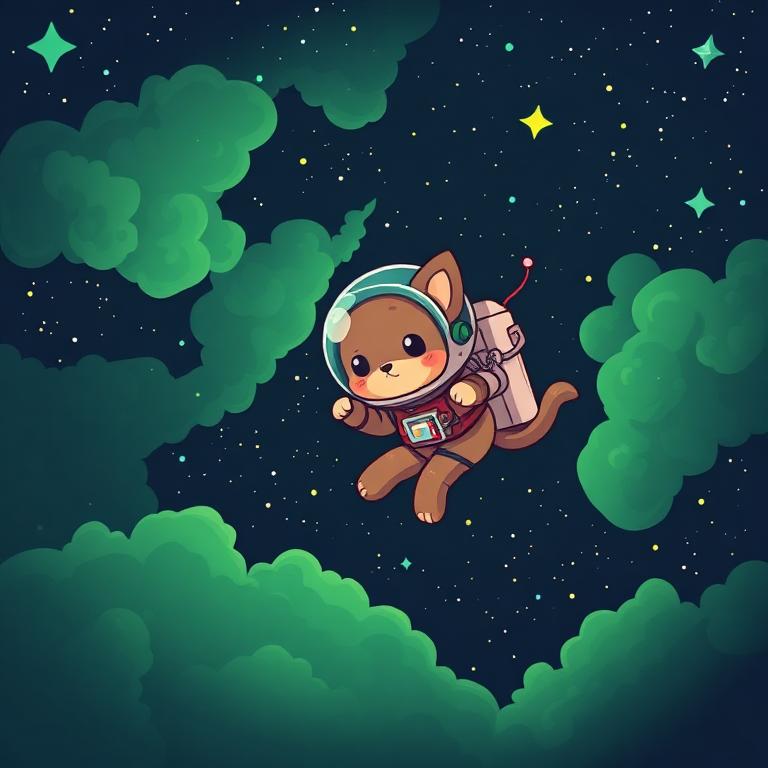 Mow the cat as an astronaut floating in a green nebula
