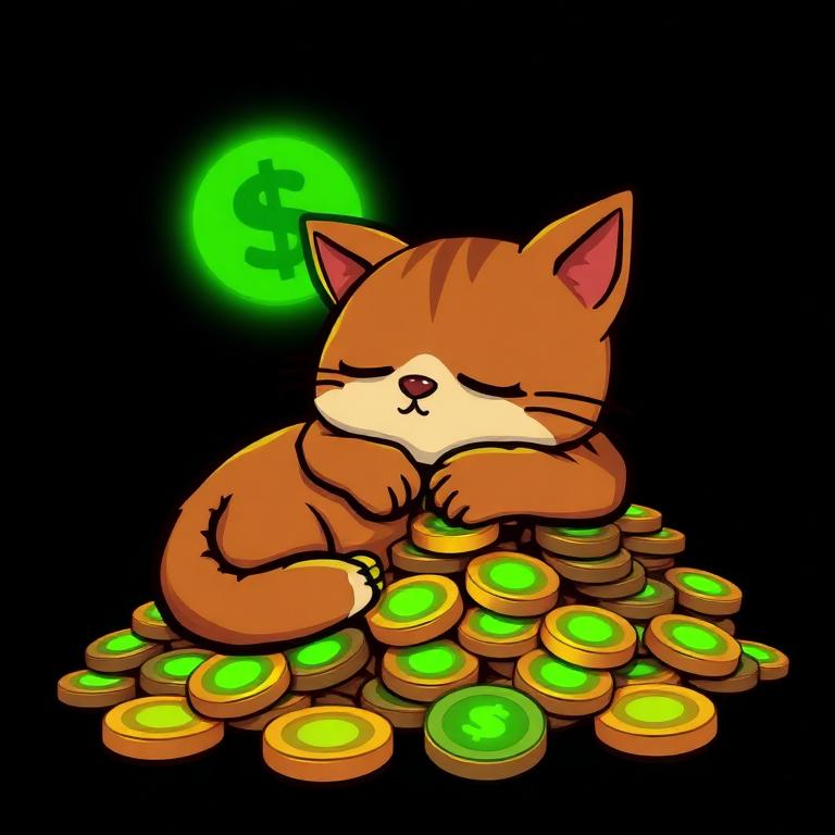 Mow the cat asleep on a pile of glowing green coins