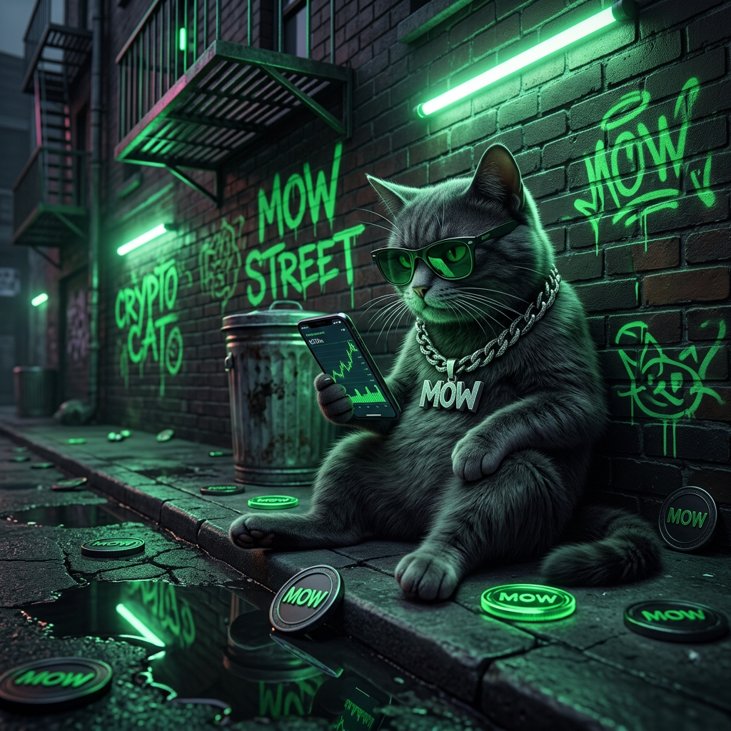 Mow the cat as a street cat leaning against a brick wall checking crypto charts on a phone